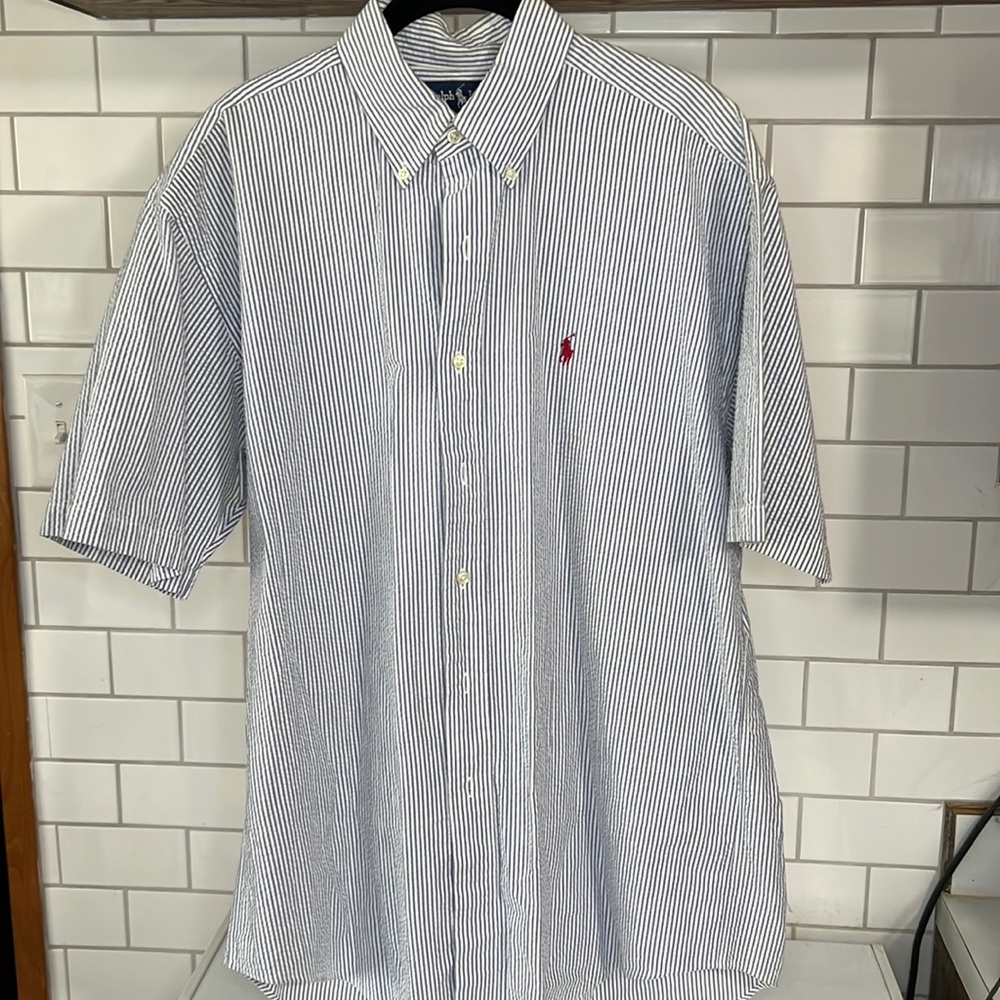 Polo Ralph Lauren Men’s Shirt Classic Fit Blue/White Seersucker Button Medium